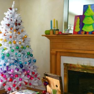 brilliant-christmas-decoration-trends-on-white-artificial-tree-with-different-color-of-glitter-balls-ornament-near-indoor-fireplace
